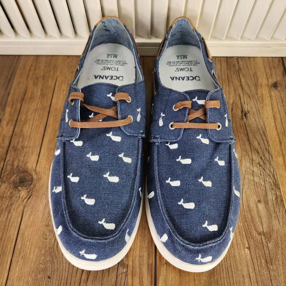 Toms Oceana Whale Print Boat Shoes Men's 12 Blue Canvas Casual Comfort Dockside